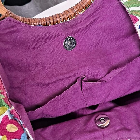 Bamboo Double Rattan Wrapped Handled Colorful Floral Print Round Cotton Bag - Picture 7 of 12